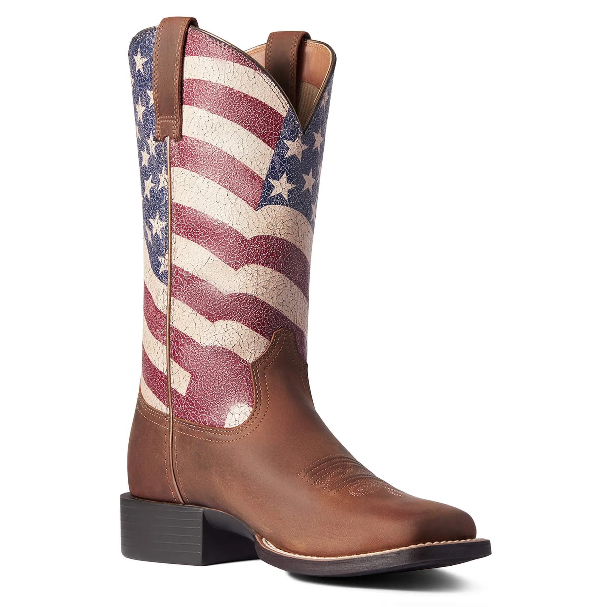 Ariat Womens Round Up Patriot Square Toe Western Boot- Patriotic Distressed Brown