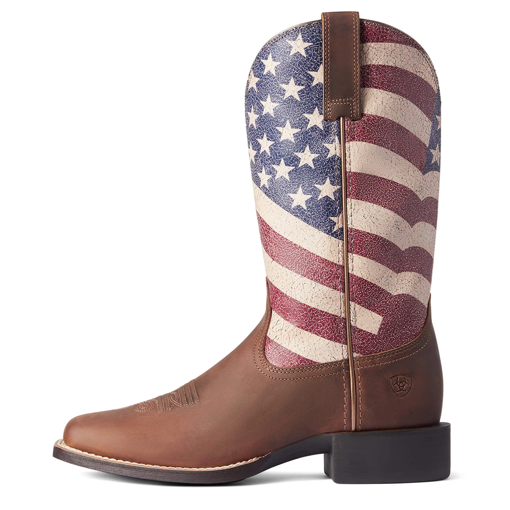 Ariat Womens Round Up Patriot Square Toe Western Boot- Patriotic Distressed Brown