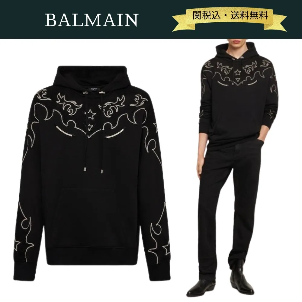 BALMAIN  |Suede Street Style Long Sleeves Cotton Luxury Hoodies