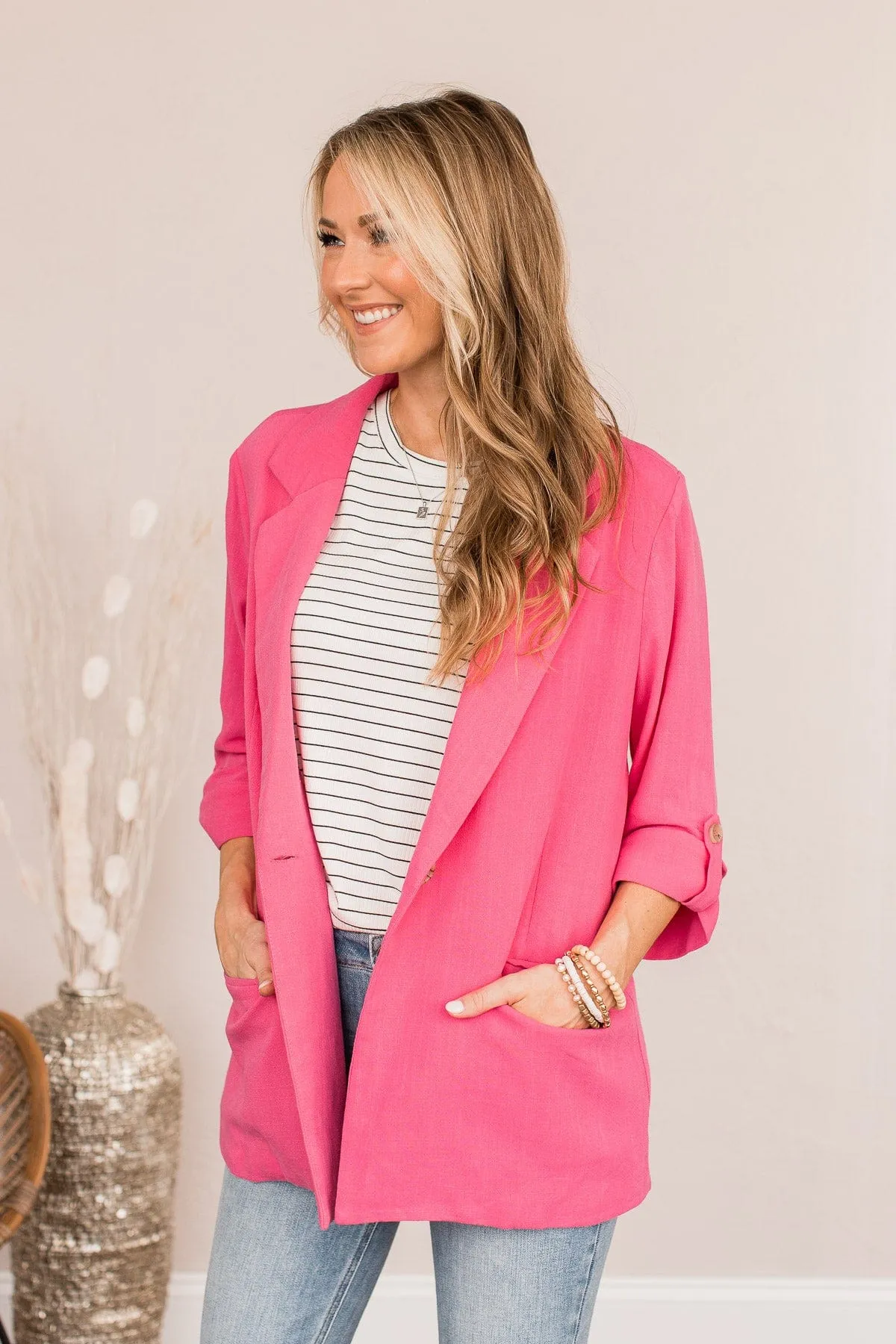 CEO Of My Life Linen Blazer- Hot Pink