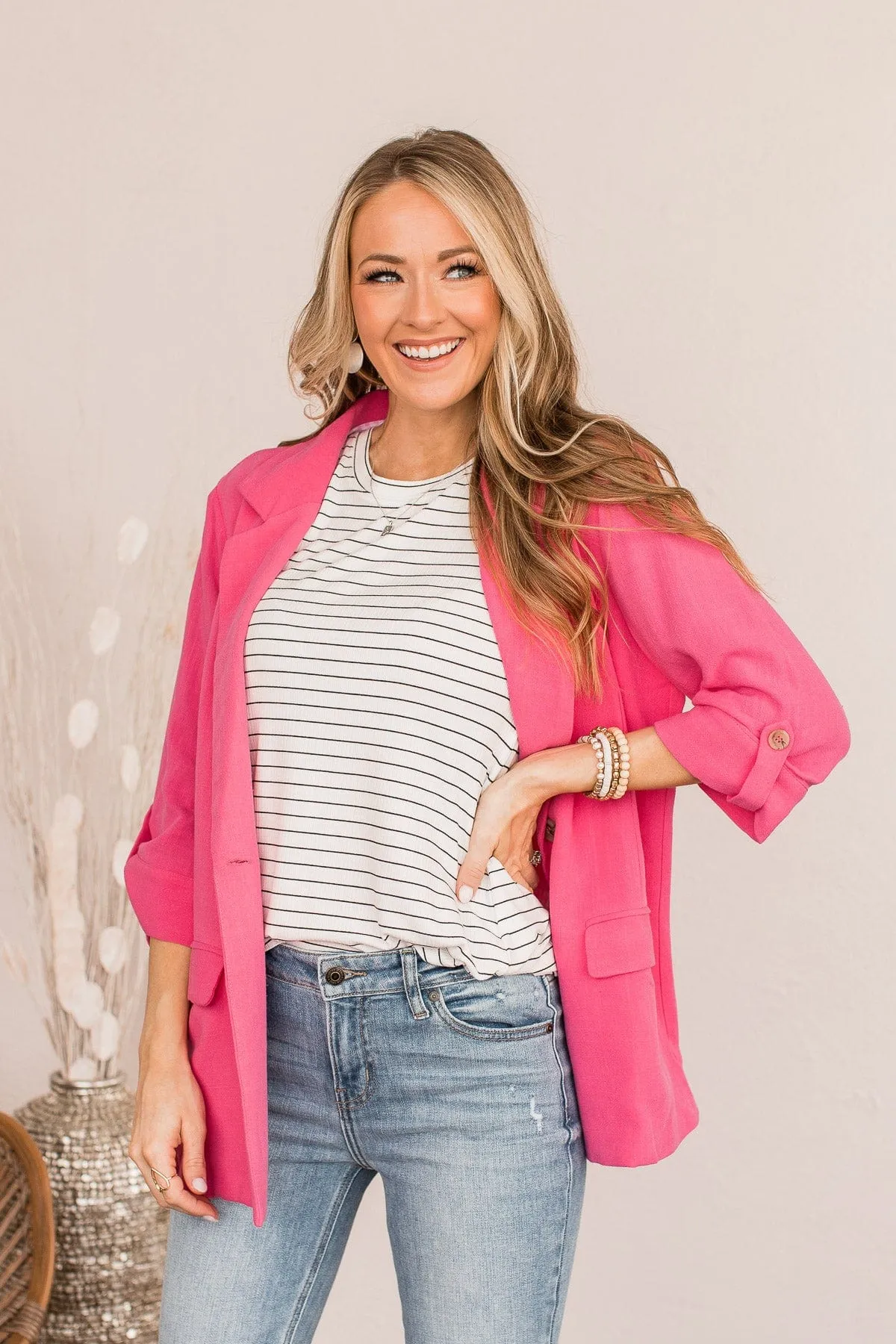 CEO Of My Life Linen Blazer- Hot Pink