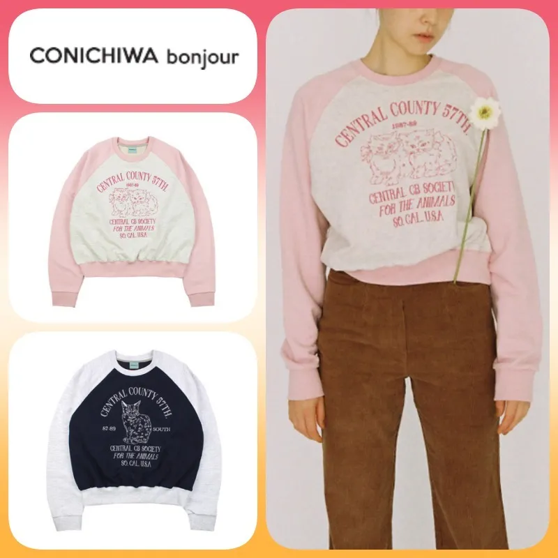 CONICHIWA bonjour  |U-Neck Long Sleeves Hoodies & Sweatshirts