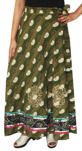 Designer Indian Wrap Skirt Long Cotton Maxi Printed India (Green)