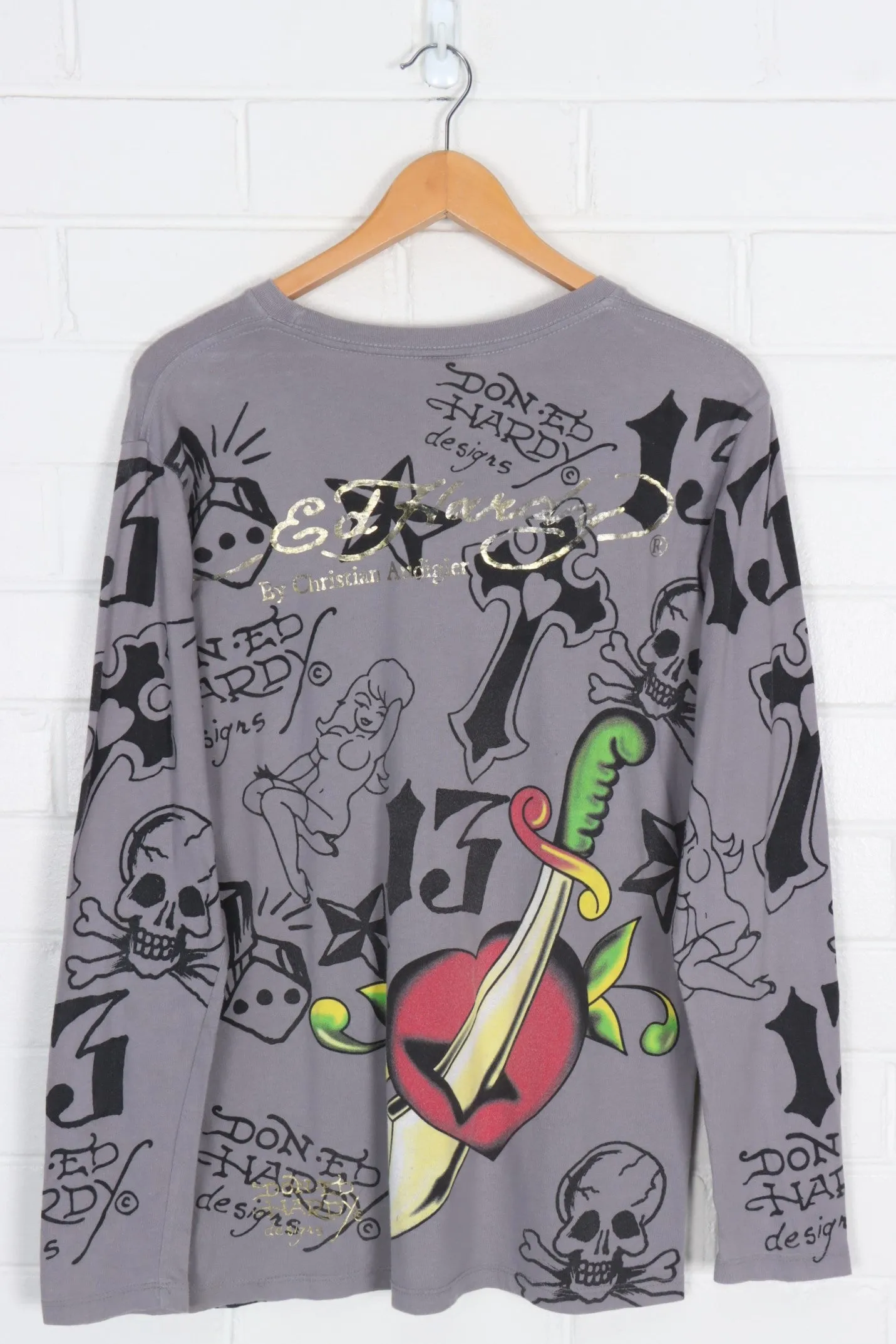 ED HARDY Skull & Snake All Over Trad Tattoo Long Sleeve Tee (S)