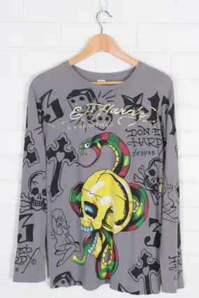 ED HARDY Skull & Snake All Over Trad Tattoo Long Sleeve Tee (S)