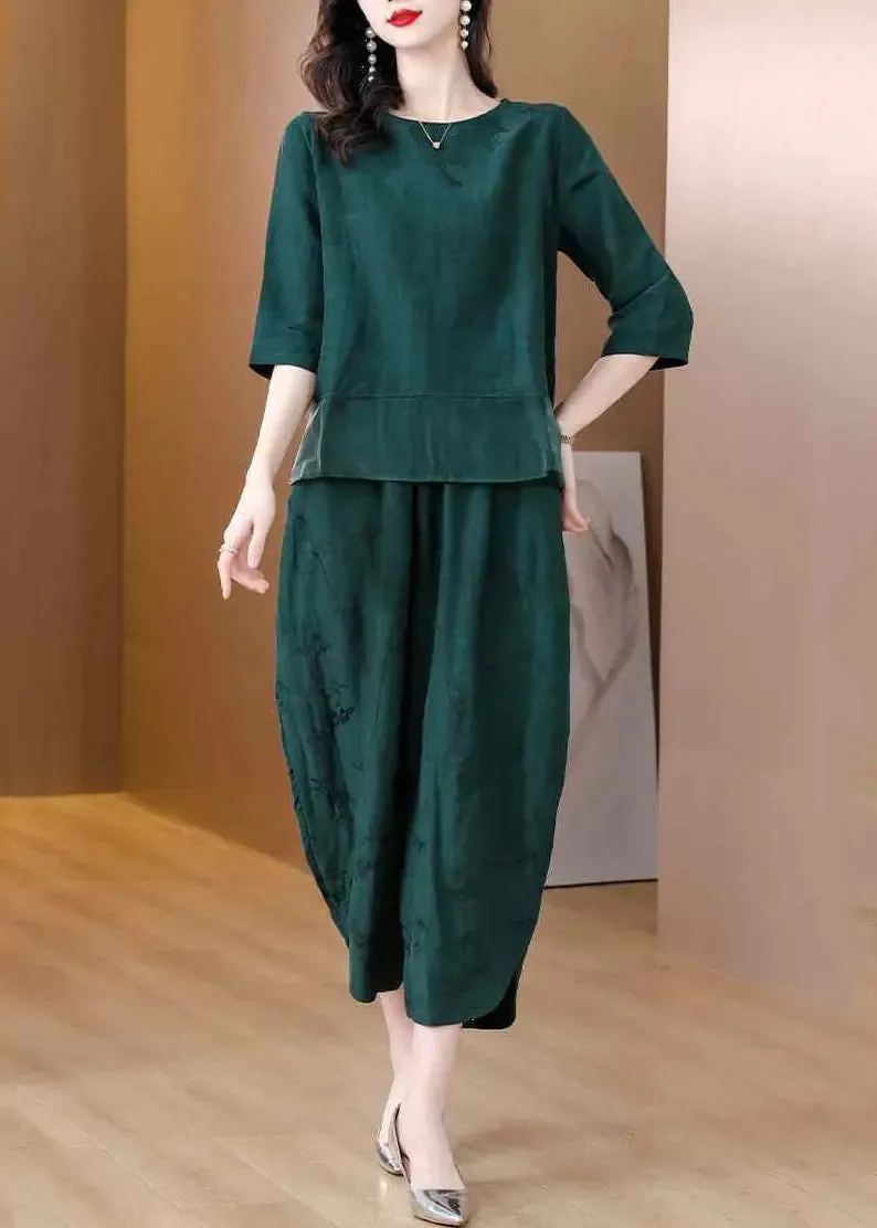 Elegant Green Oversized Patchwork Linen Two Pieces Set Spring HA1023