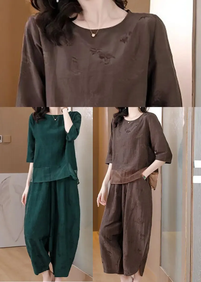 Elegant Green Oversized Patchwork Linen Two Pieces Set Spring HA1023