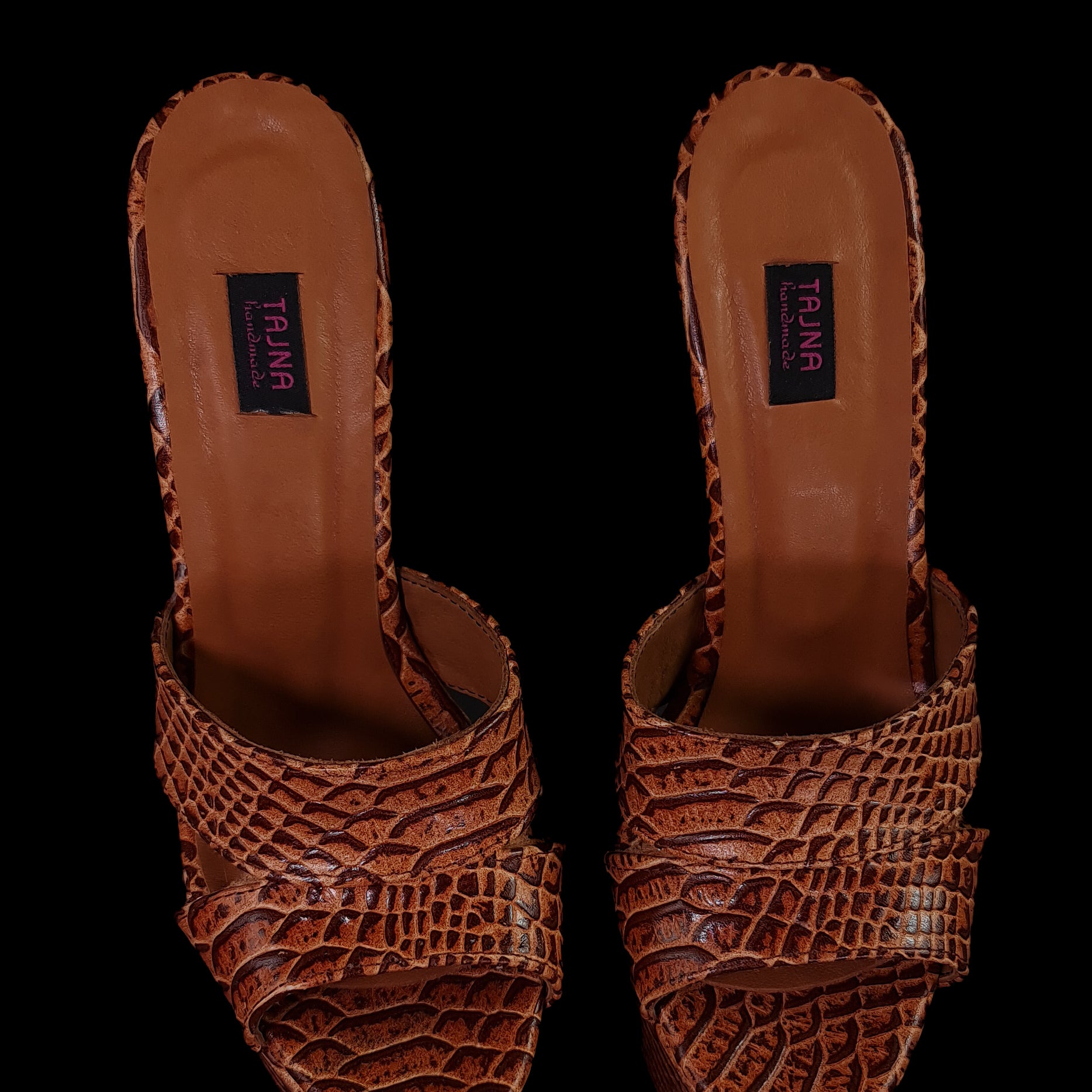 Exotic Brown Genuine Leather High Heel Mules