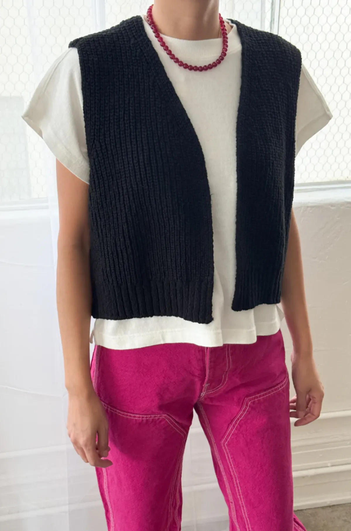 Granny Cotton Sweater Vest - Black