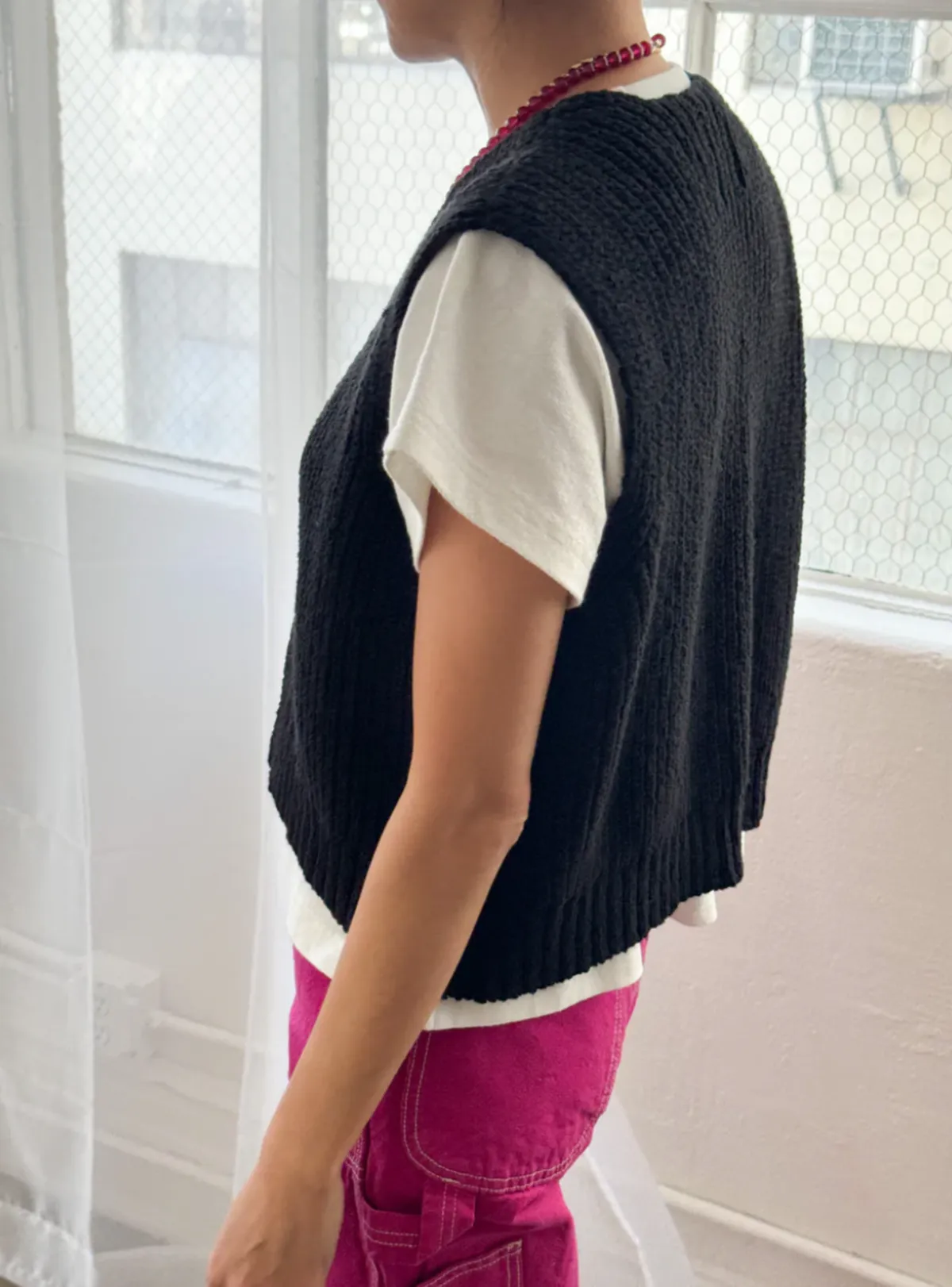 Granny Cotton Sweater Vest - Black