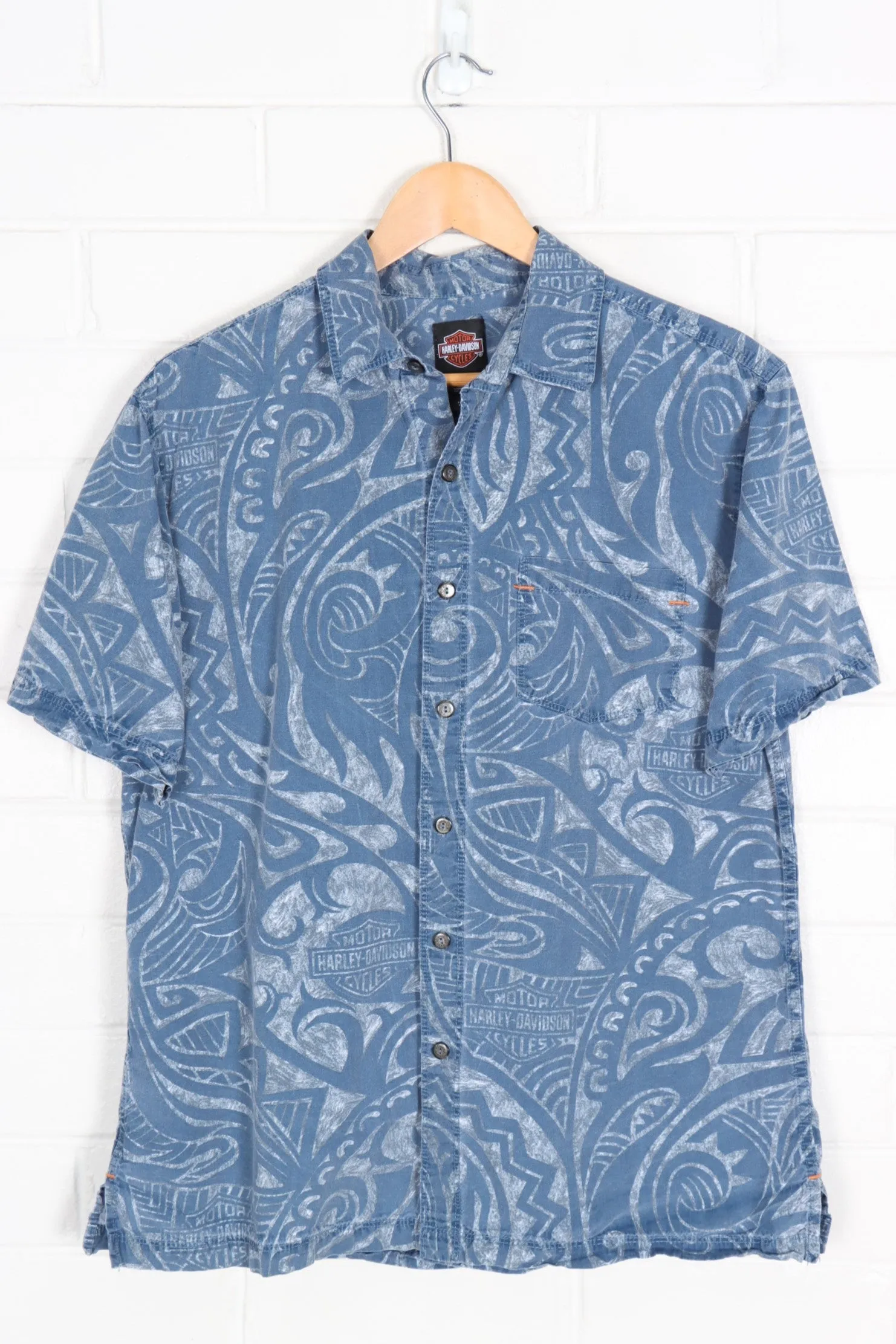 HARLEY DAVIDSON Blue Tribal Short Sleeve Shirt (M-L)