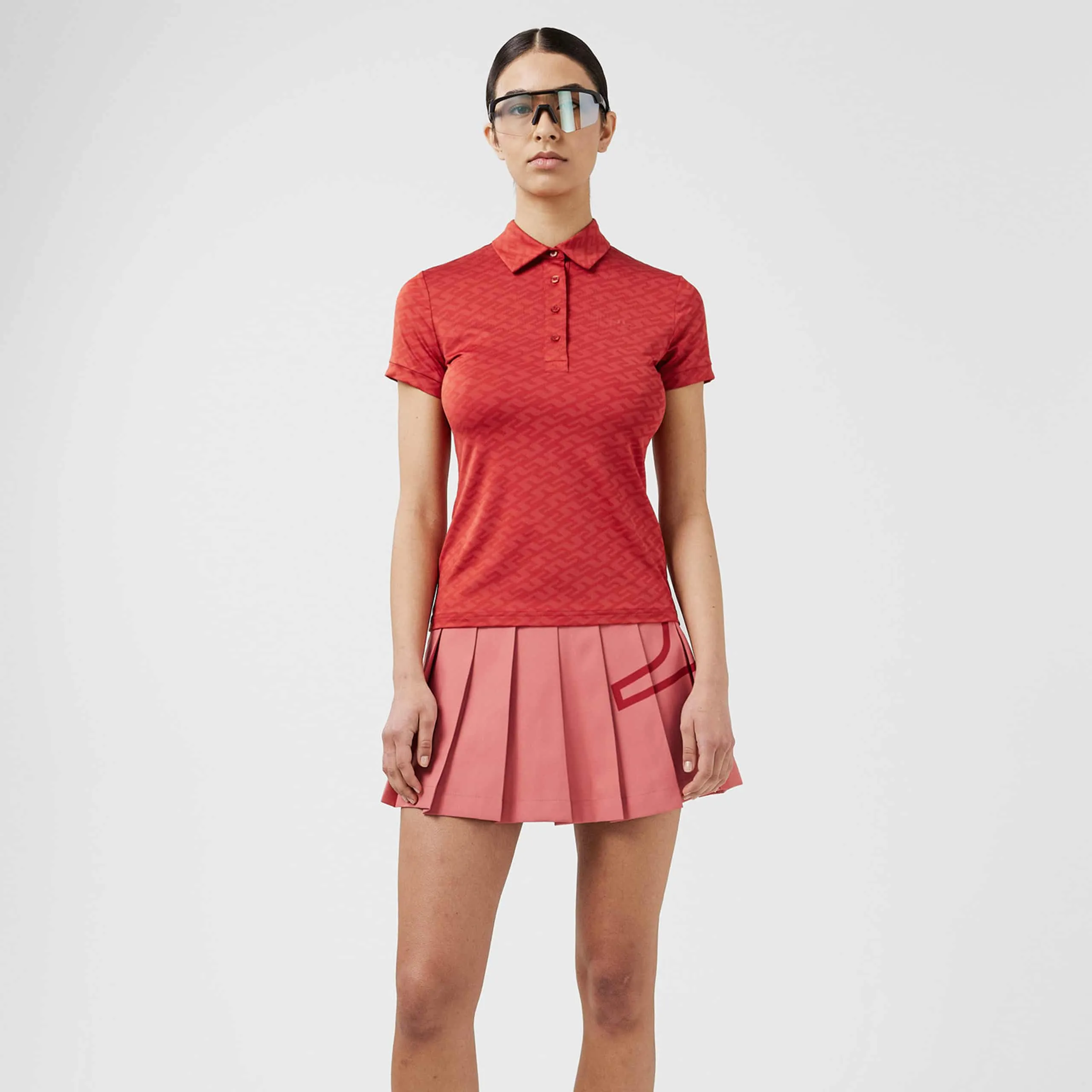 J Lindeberg Alaya Jacquard Ladies Golf Polo Shirt Ketchup Bridge Monogram