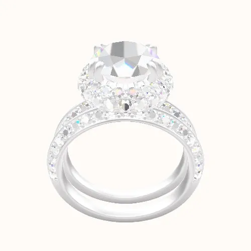 Knife Edge Double Row Pave Engagement Ring With Double Prong Waterfall Halo Head and Matching Band