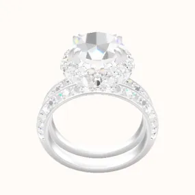 Knife Edge Double Row Pave Engagement Ring With Double Prong Waterfall Halo Head and Matching Band