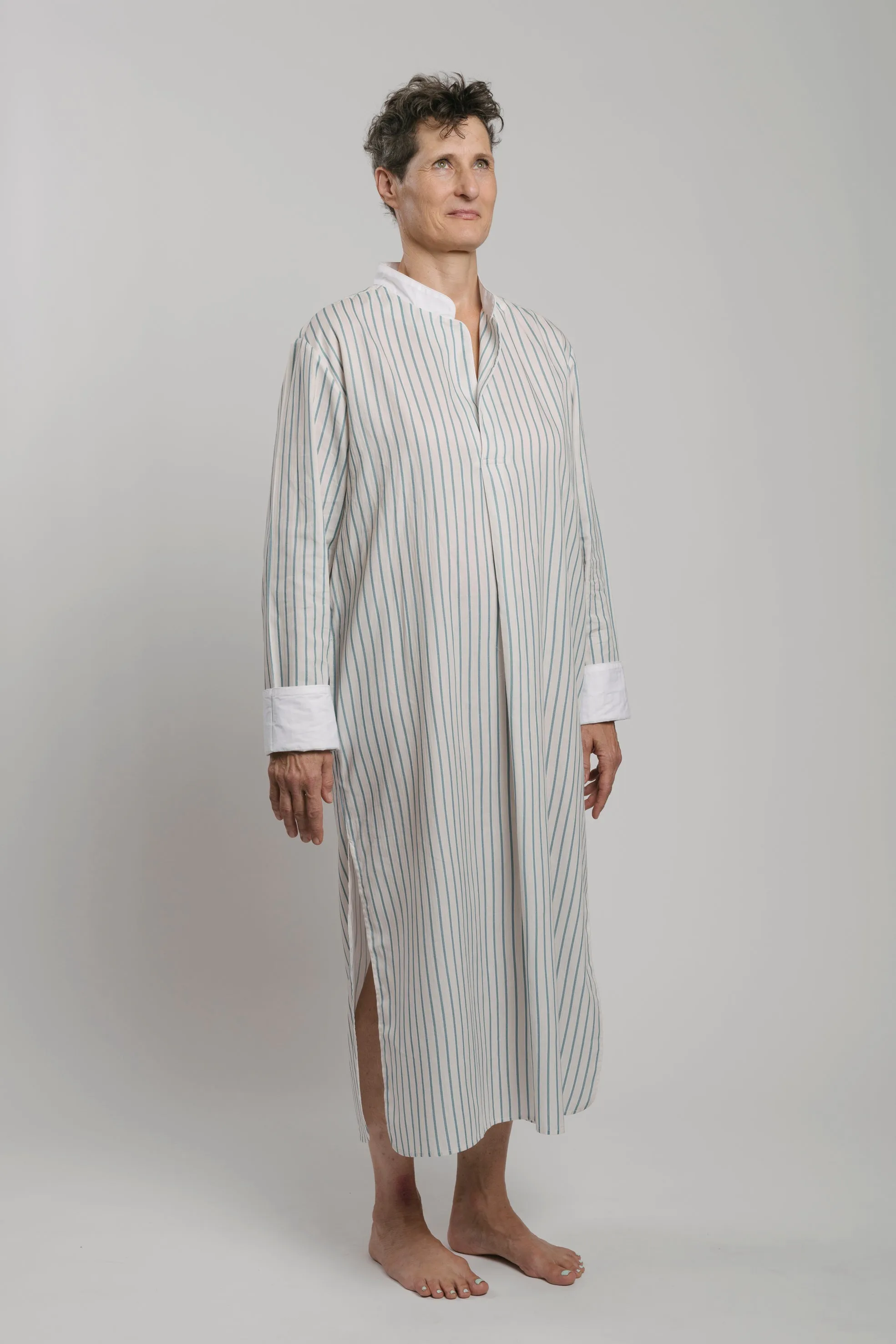 LONG-NIGHT-SHIRT AQUA-Offwhite-white 100% COTTON Herringbone-light Thin-Stripes digital-print