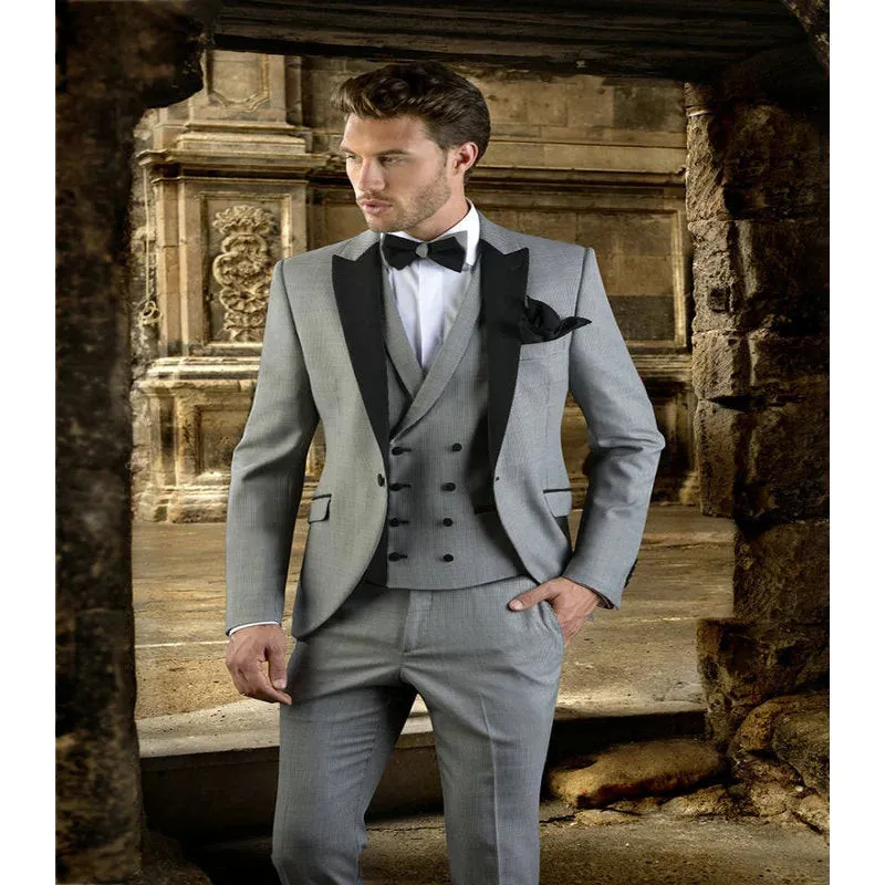 Men's Gray Polyester Slim Fit Tuxedos Blazer Vest Pants Three-Piece Suit