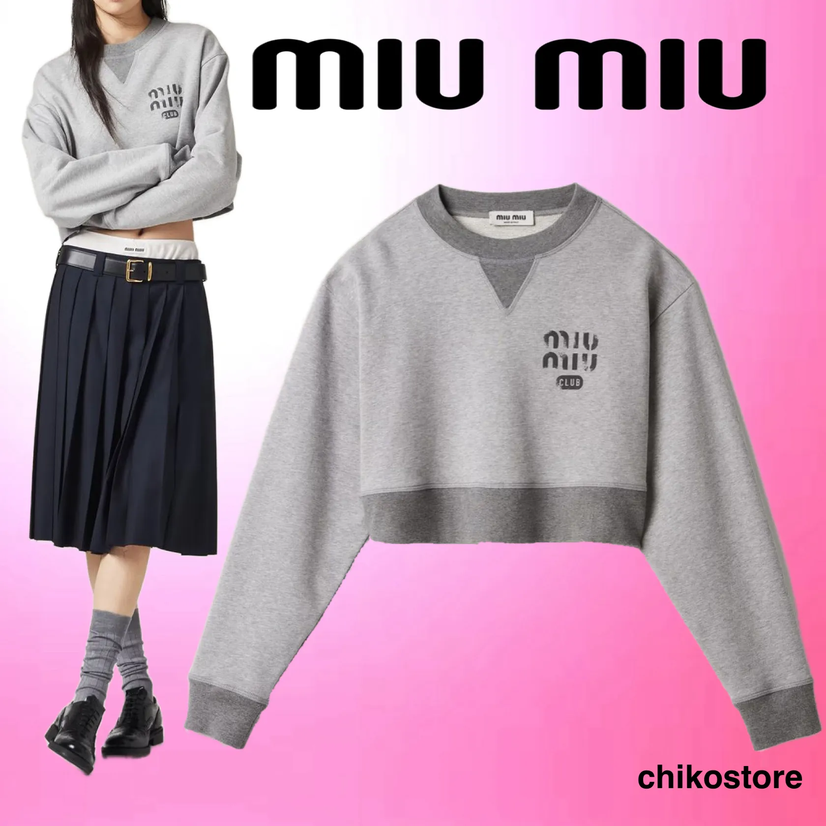 MiuMiu  |Crew Neck Long Sleeves Cotton Logo Hoodies & Sweatshirts