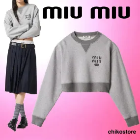 MiuMiu  |Crew Neck Long Sleeves Cotton Logo Hoodies & Sweatshirts