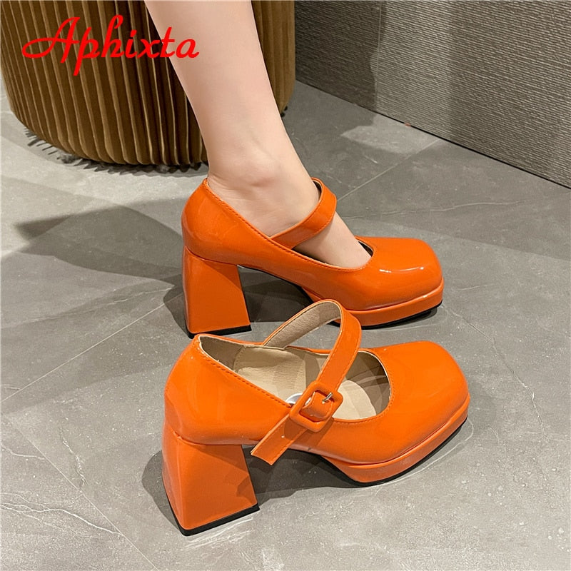 New Platform Square Toe Pumps Chunky Heels Buckle Pumps