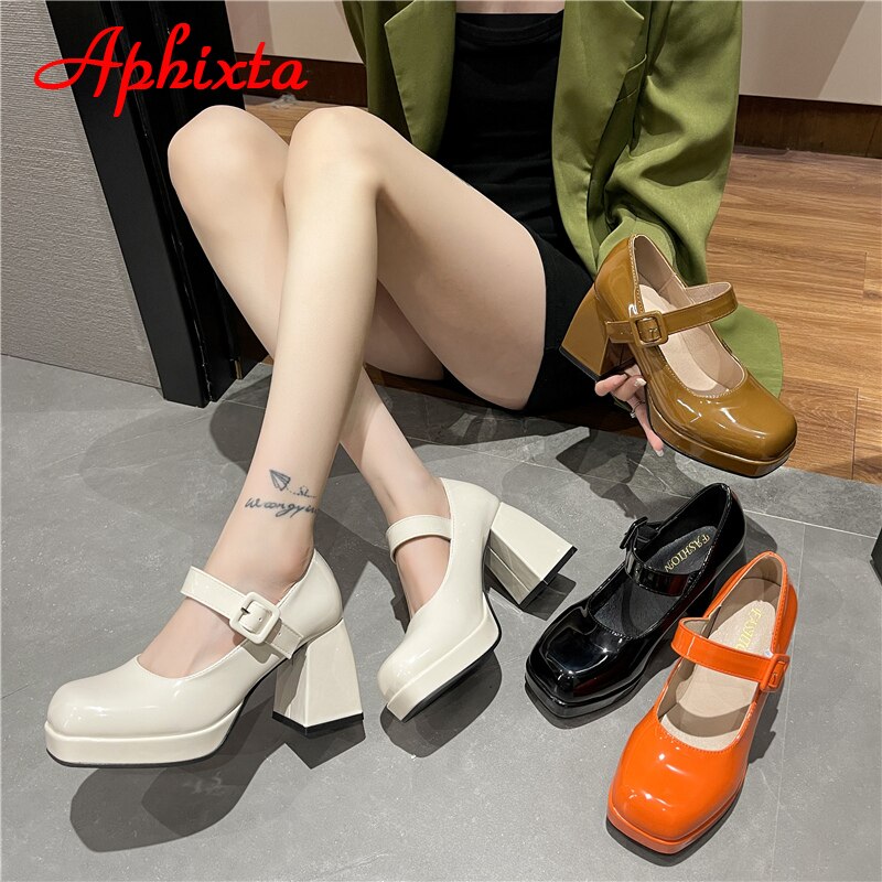 New Platform Square Toe Pumps Chunky Heels Buckle Pumps