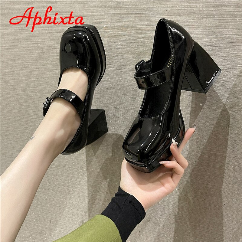 New Platform Square Toe Pumps Chunky Heels Buckle Pumps