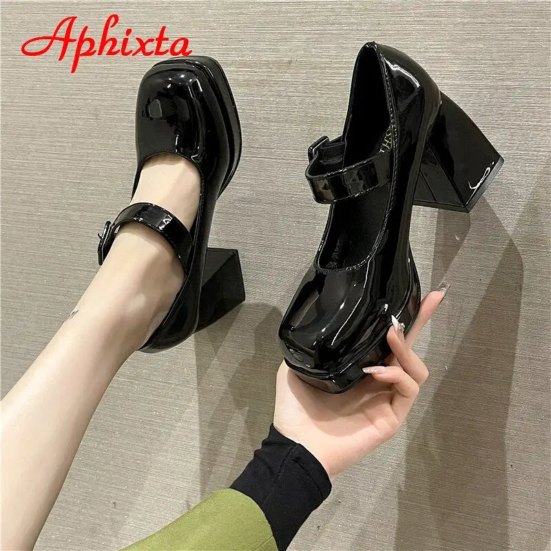 New Platform Square Toe Pumps Chunky Heels Buckle Pumps