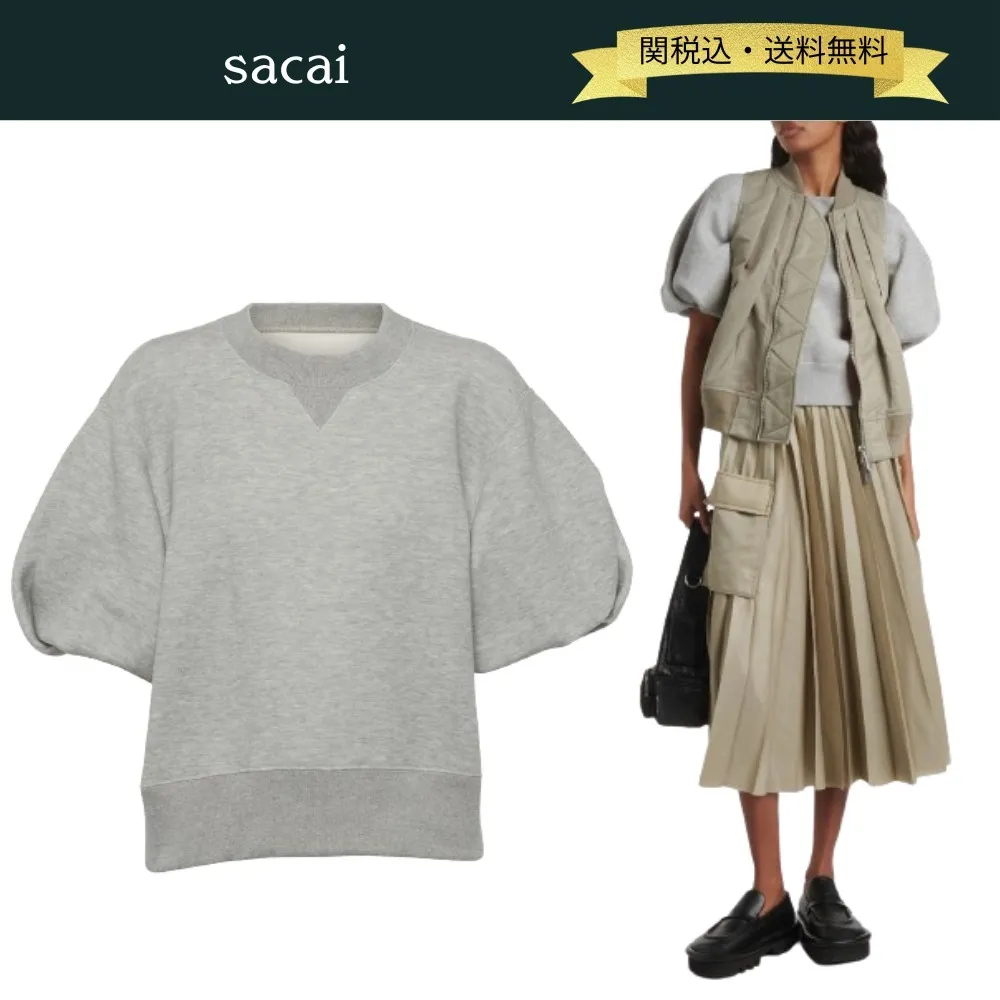 sacai  |U-Neck Plain Cotton Short Sleeves Hoodies & Sweatshirts