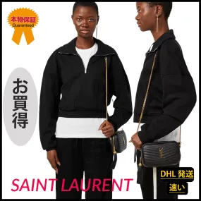 Saint Laurent  |Long Sleeves Plain Cotton High-Neck Logo