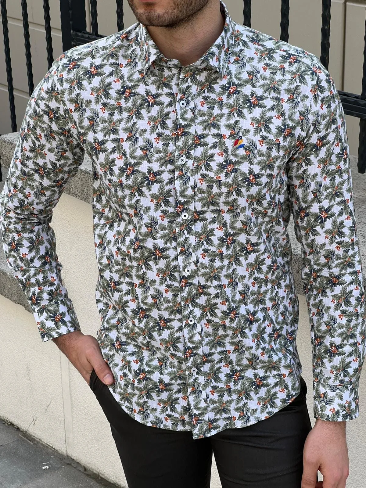 Slim Fit Patterned Cotton Green Shirt