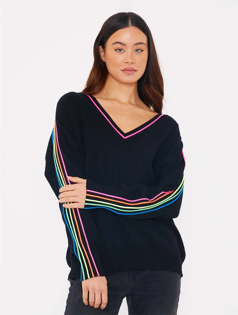 Sporty Stripe V-Neck Sweater | Brodie Cashmere