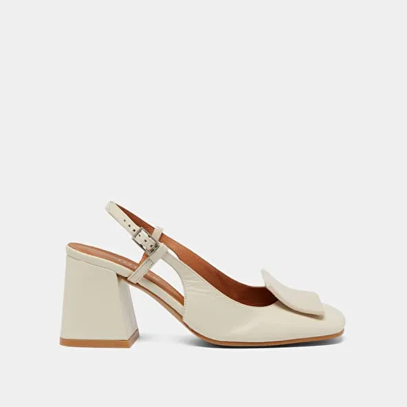 Square toe slingback pumps in ecru pleated patent