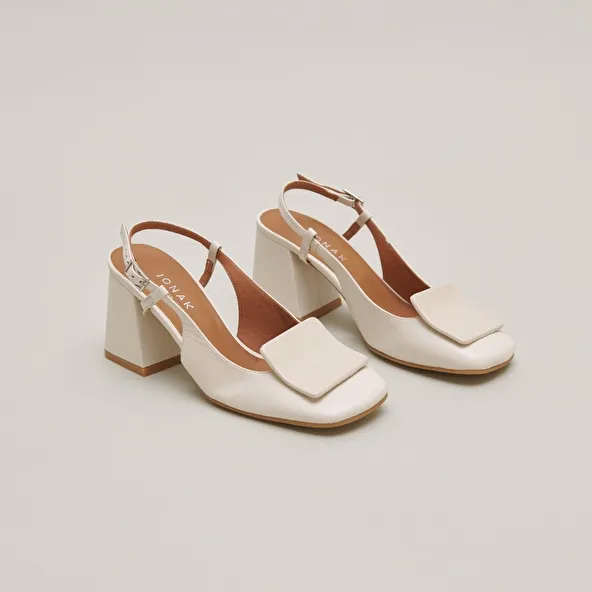 Square toe slingback pumps in ecru pleated patent