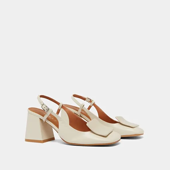 Square toe slingback pumps in ecru pleated patent