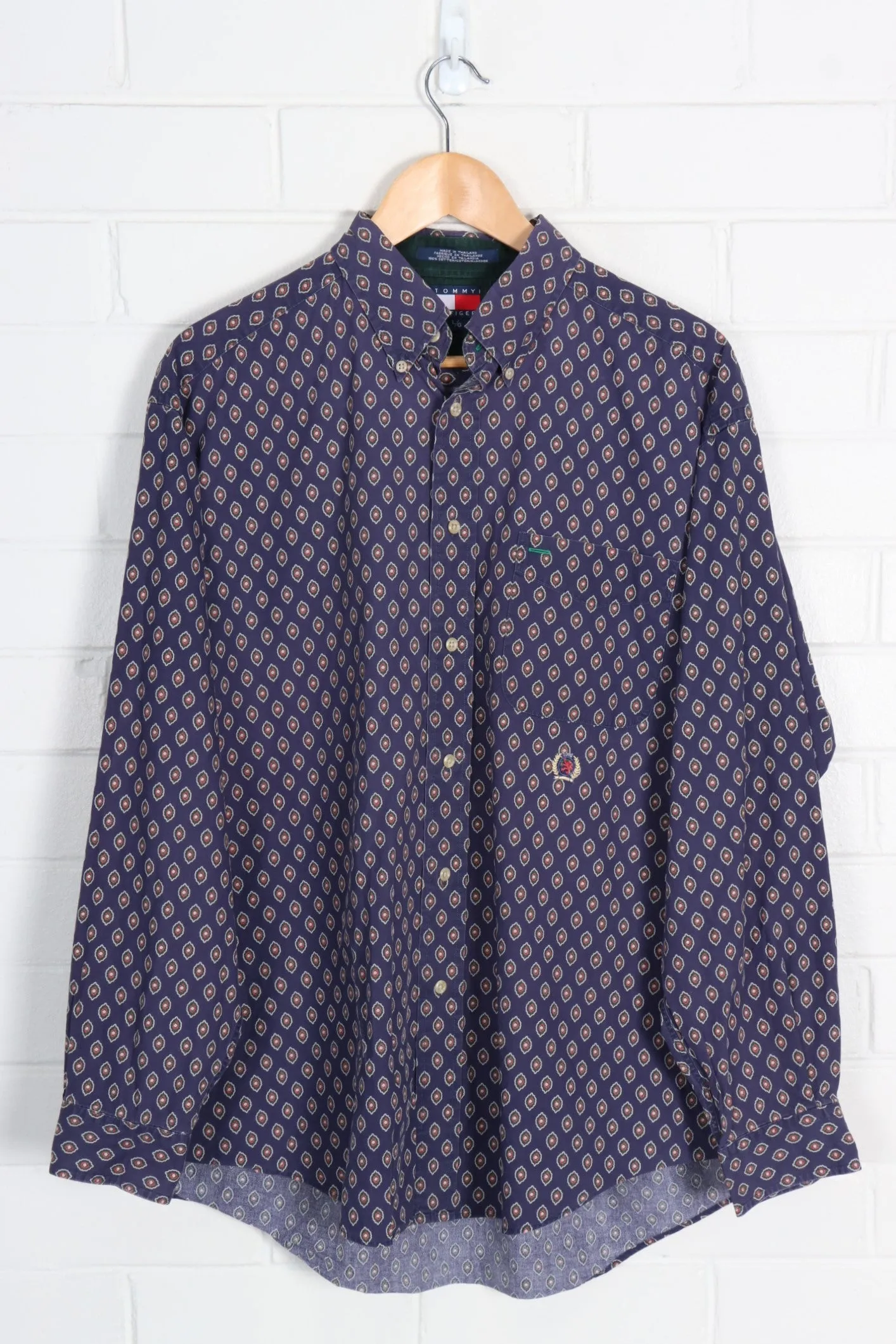 TOMMY HILFIGER Embroidered Crest Purple Pattern Long Sleeve Shirt (XL-XXL)