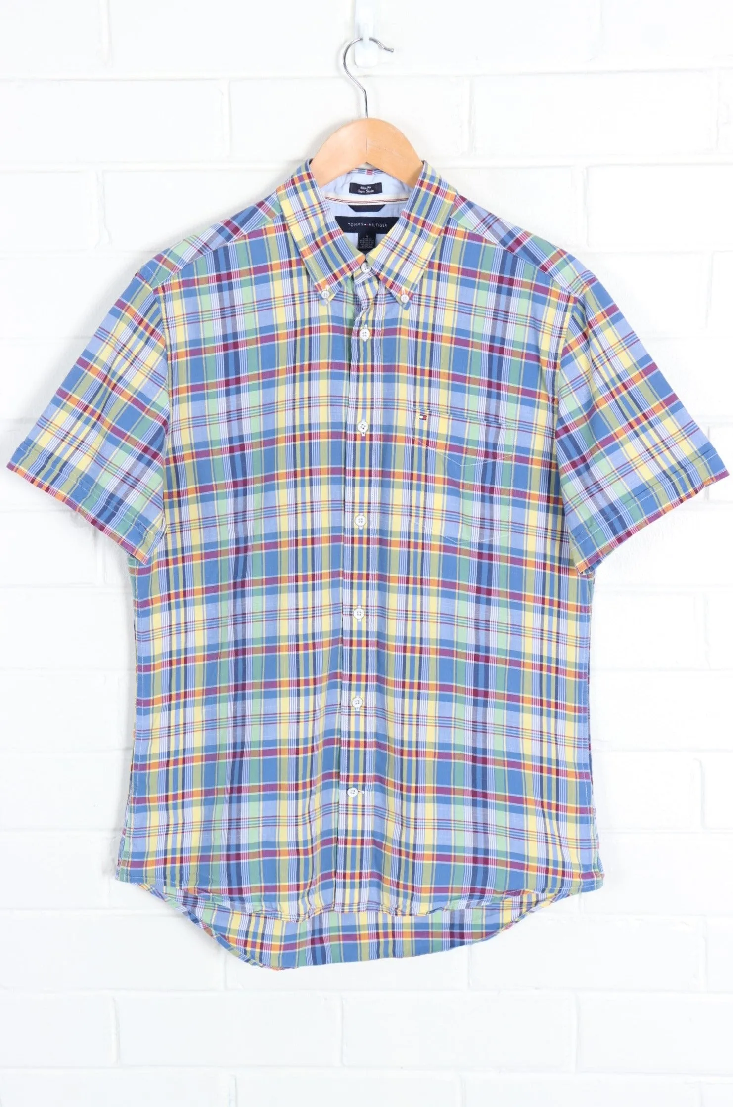 TOMMY HILFIGER 'Slim Fit' Blue Red & Yellow Plaid Button Up Shirt (M)