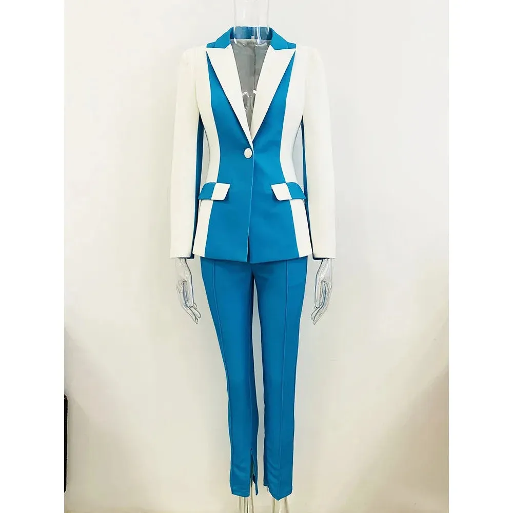 Women's Designer Runway Contrast Color Block Blazer Pencil Pants Set