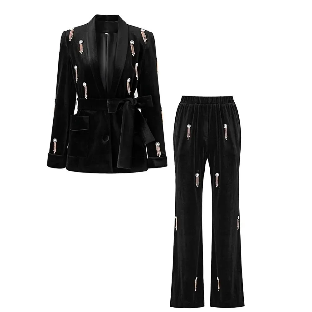 Women's Luxury Black Diamond Beaded Blazer High Waist Pants Set