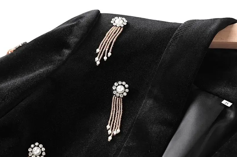 Women's Luxury Black Diamond Beaded Blazer High Waist Pants Set