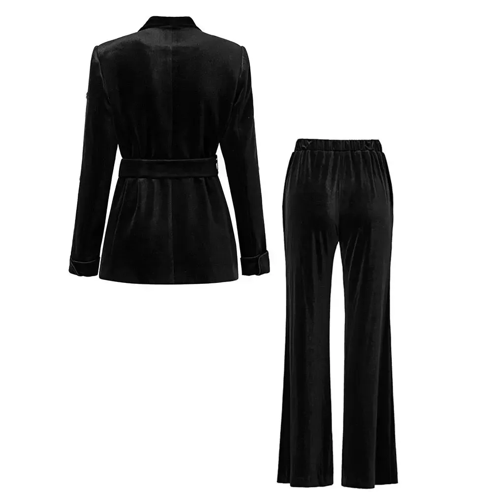 Women's Luxury Black Diamond Beaded Blazer High Waist Pants Set